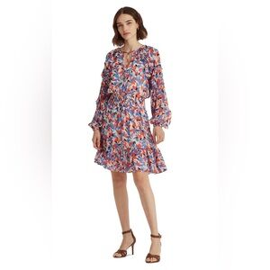 Ralph Lauren Floral Crinkled Georgette Ruffle Sleeve Dress Size 12